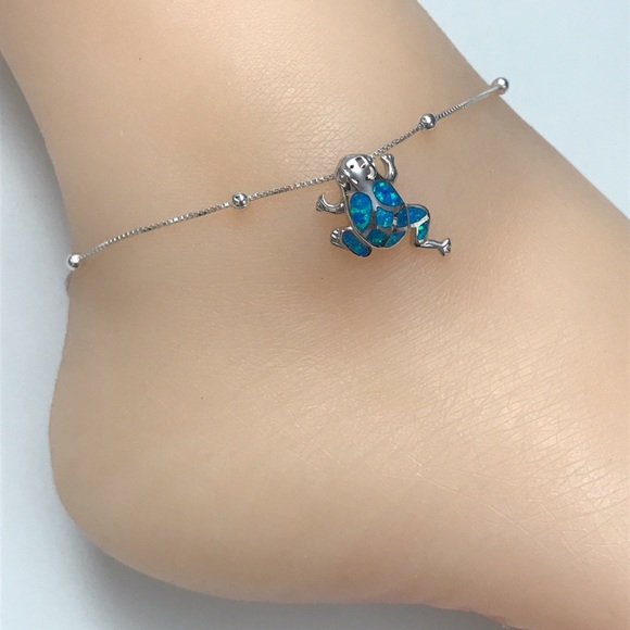 Sterling Silver Opal Frog Anklet - Picture 1 of 8